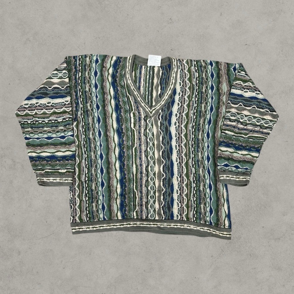 Coogi Sweater Mens XL Multicolor 3D Cable Knit Retro 90s Hip Hop V Neck Tennis